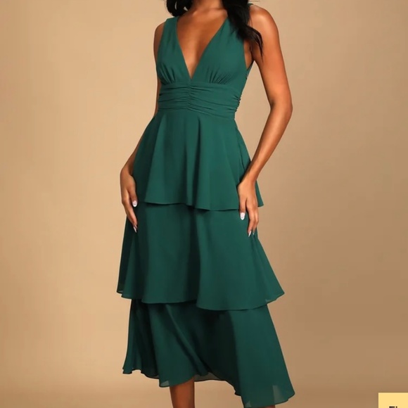 Lulus Dresses & Skirts - Celebration Time Emerald Green Sleeveless Tiered Midi Dress